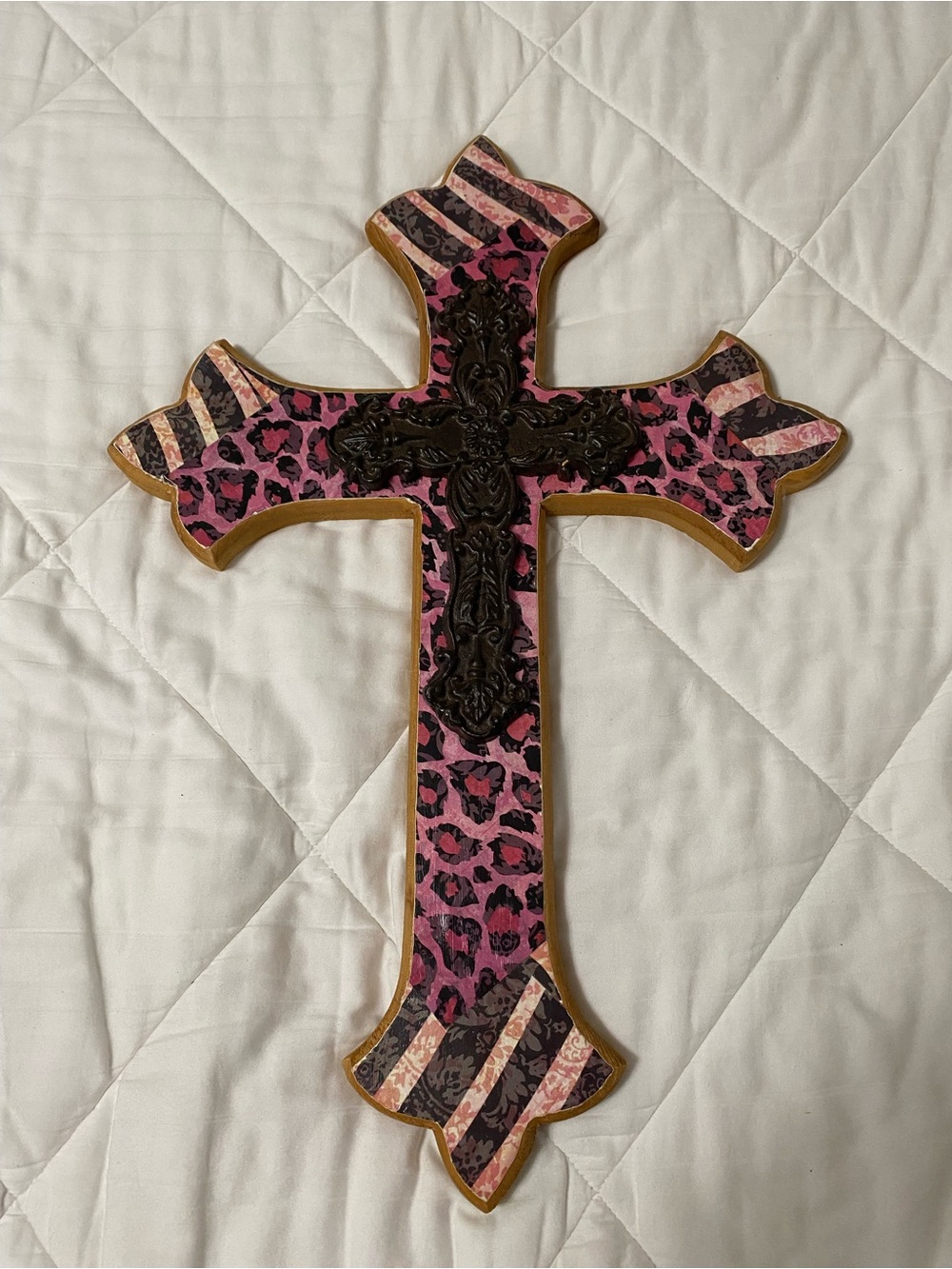 Pink Leopard & Zebra Decorative Wall Cross Handmade and Decorated 22”